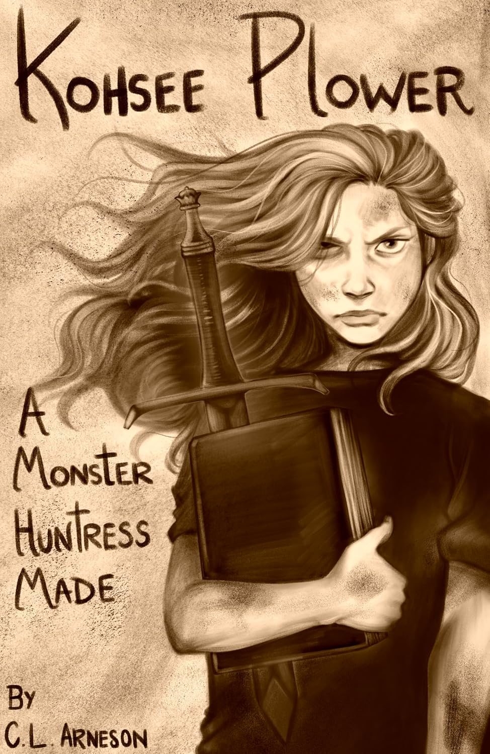 Book cover: a scowling young Kohsee Plower, hair windswept, clutching a book and a sword. Kohsee Plower: A Monster Huntress Made, by C.L. Arneson.